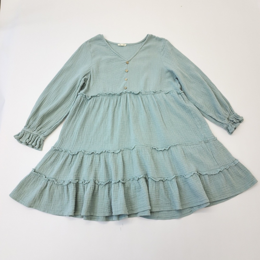 Jodifl Sage Green Gauze Tiered Babydoll‎ Mini Dress Long Sleeve V-Neck Large